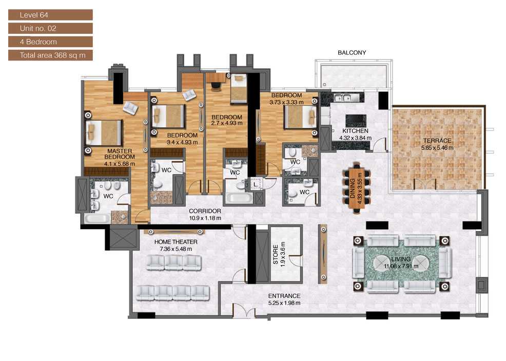 Level-64,Unit-no-2-,4-Bedroom-,Size-368-Sq m